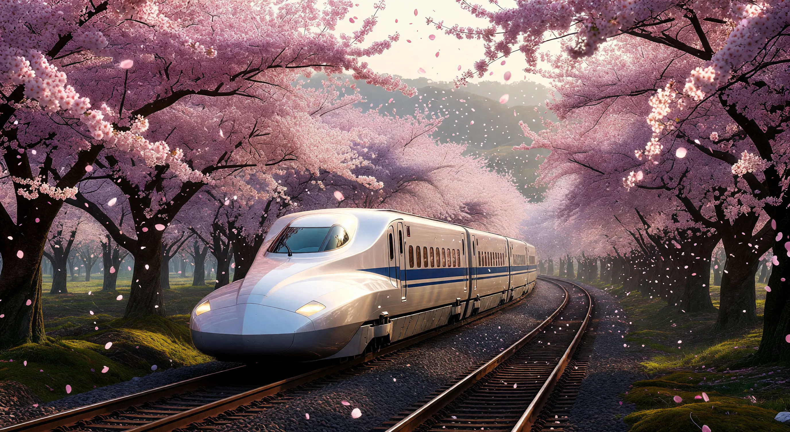 Cherry blossoms along a Japanese railway