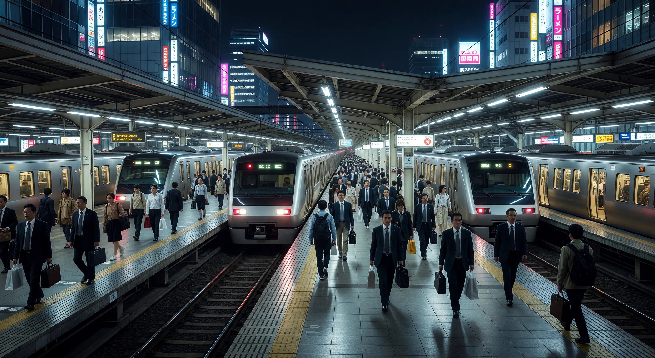 Night view of a Japanese station platform